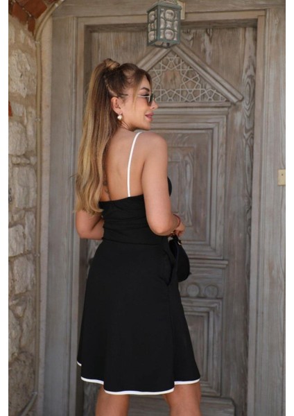 Ince Askılı V Yaka Mini Krep Elbise - Siyah modelleri