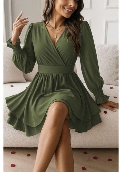 Kruvaze Yaka Mini Sandy Elbise - Haki