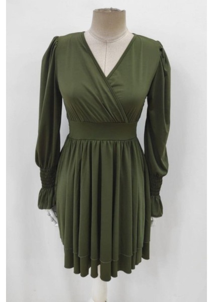 Kruvaze Yaka Mini Sandy Elbise - Haki modelleri