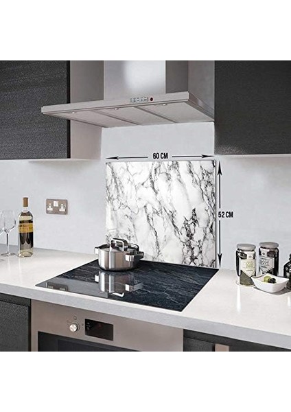 10001506001 Beyaz Mermer Görünümlü Cam Ocak Arkası Koruyucusu, 52CM x 60CM