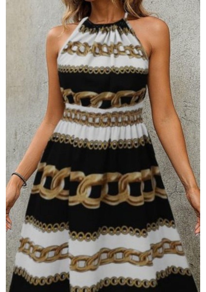 Halter Yaka Beli Lastikli Dijital Baskı Süprem Elbise - Zincir fiyatları