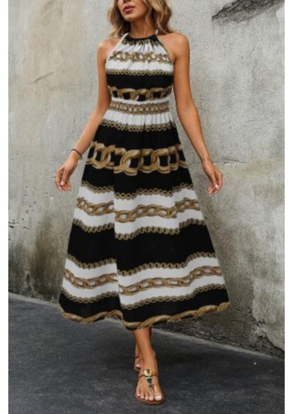 Halter Yaka Beli Lastikli Dijital Baskı Süprem Elbise - Zincir modelleri