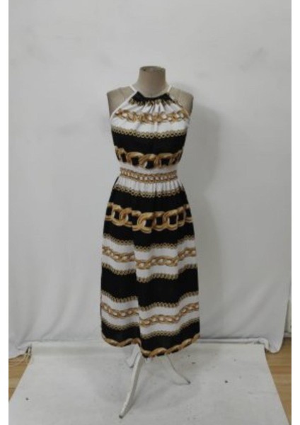 Halter Yaka Beli Lastikli Dijital Baskı Süprem Elbise - Zincir fırsatları