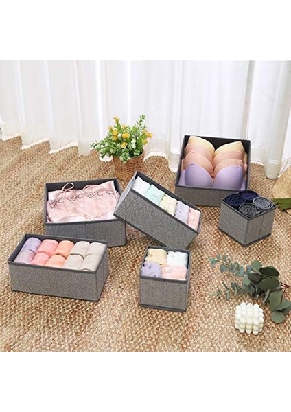 Iç Giyim Saklama Kutuları, 6&apos;lı Set, Çekmece Düzenleyici, Kumaş Kutular, Saklama Sepetleri, Görünümlü Keçe Kumaş, Çorap, Kravat, Şal Için Uygun, Gri