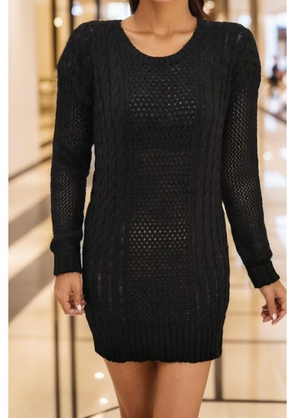 Uzun Kollu Örgü Detaylı Triko Elbise - Siyah
