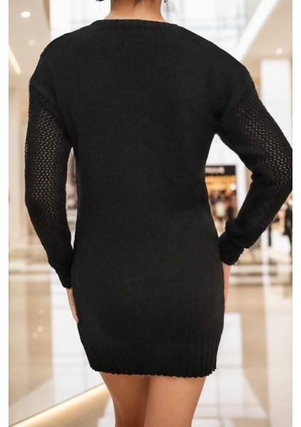 Uzun Kollu Örgü Detaylı Triko Elbise - Siyah fiyatları