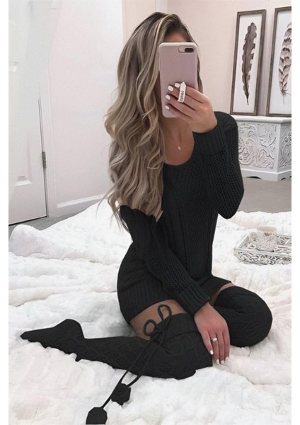 Uzun Kollu Örgü Detaylı Triko Elbise - Siyah fırsatları