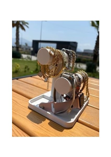 2 Katlı Takı Organizer Düzenleyici T Stand Bileklik & Saat Standı Beyaz