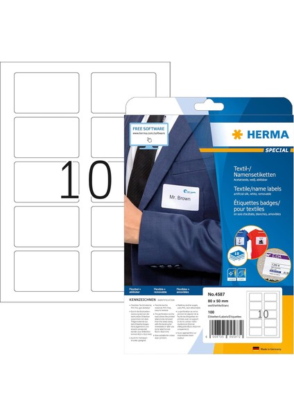 4587 Isim Etiketi, 10 Yaprak, 80 x 50 Mm, A4 Başına 10, 100 Adet, Kendinden Yapışkanlı, Yazdırılabilir, Asetat Ipek, Beyaz