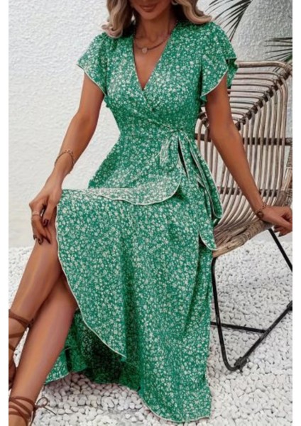 Fırfır Detaylı Kruvaze Yaka Desenli Süprem Elbise - Yeşil