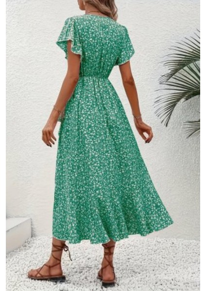 Fırfır Detaylı Kruvaze Yaka Desenli Süprem Elbise - Yeşil modelleri
