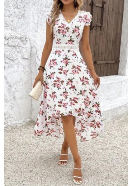 Asimetrik Kesim Fırfır Kollu Desenli Süprem Elbise - Desenli