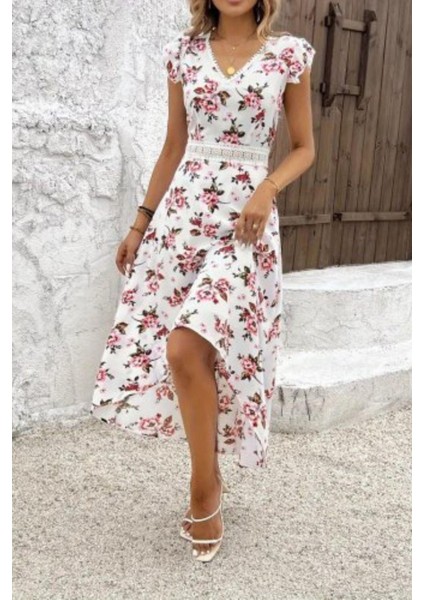 Asimetrik Kesim Fırfır Kollu Desenli Süprem Elbise - Desenli fiyatları