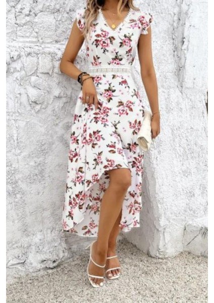 Asimetrik Kesim Fırfır Kollu Desenli Süprem Elbise - Desenli modelleri