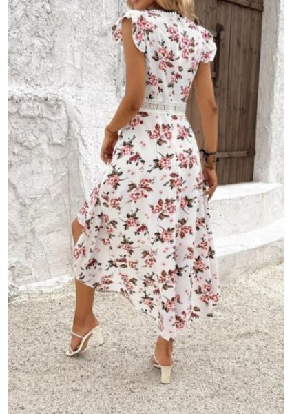 Asimetrik Kesim Fırfır Kollu Desenli Süprem Elbise - Desenli fırsatları