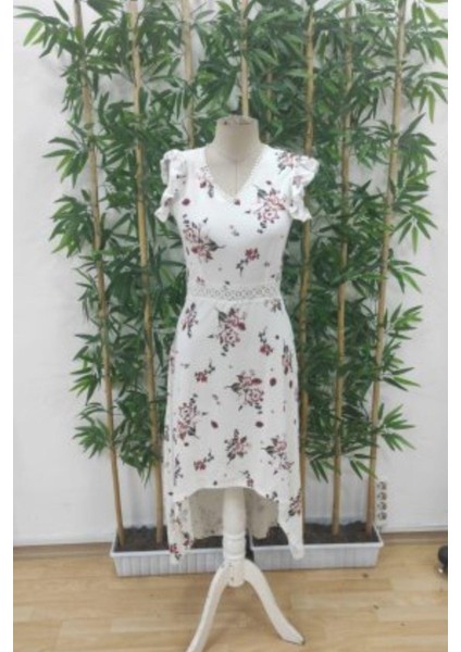 Asimetrik Kesim Fırfır Kollu Desenli Süprem Elbise - Desenli indirimleri