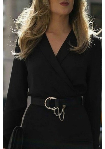 Kruvaze Yaka Kalem Krep Elbise - Siyah fiyatları