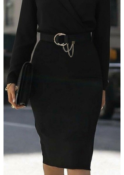 Kruvaze Yaka Kalem Krep Elbise - Siyah modelleri