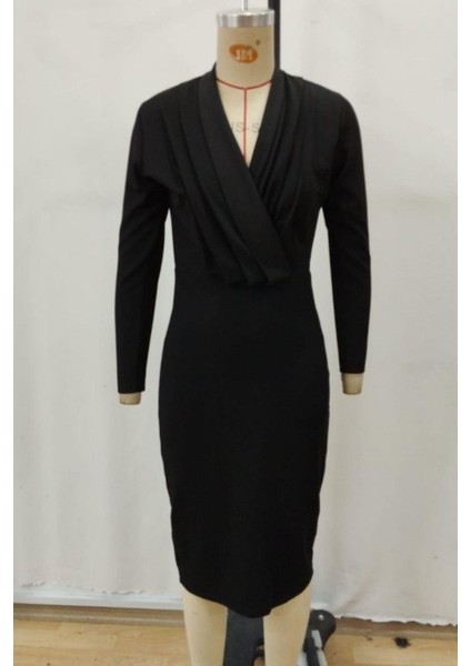 Kruvaze Yaka Kalem Krep Elbise - Siyah indirimleri