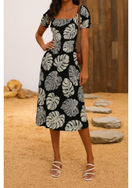 Kare Yaka Yaprak Desenli Midi Elbise - Yaprak Desen