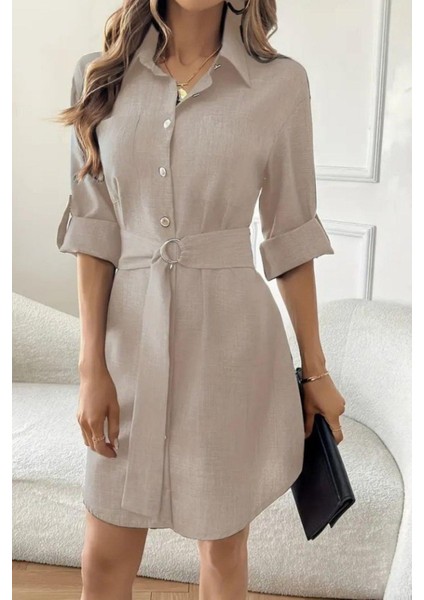 Düğmeli Kuşak Detaylı Ithal Keten Elbise - Taş
