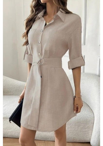 Düğmeli Kuşak Detaylı Ithal Keten Elbise - Taş fiyatları