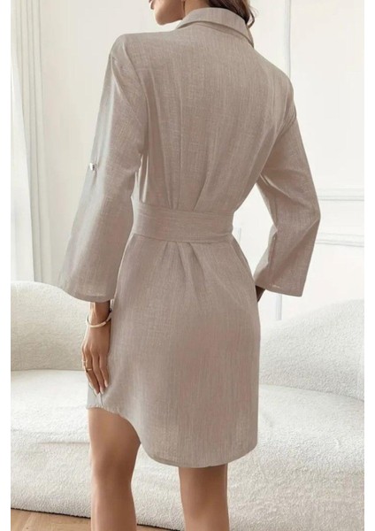Düğmeli Kuşak Detaylı Ithal Keten Elbise - Taş modelleri