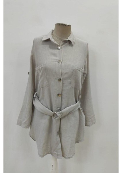 Düğmeli Kuşak Detaylı Ithal Keten Elbise - Taş fırsatları