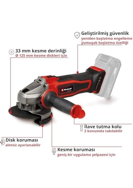 Akülü Avuç Taşlama Te-Ag 18/125-2 Li - Solo Power X- (18 V, 125 mm Ø Disk, 33 mm Kesme Derinliği, Yumuşak Başlatma Özelliği, Kesme Koruması)