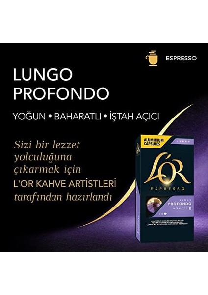 L&apos;or Lungo Profondo, Core-Lungo Collection, Yoğunluk 8, Bitter Çikolata ve Meyvemsi Notalar Espresso Kapsülleri, 10 Adet