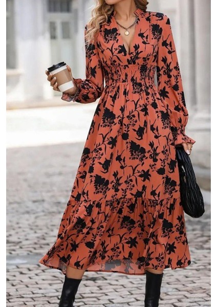 Çiçek Desenli Beli Büzgülü Uzun Süprem Elbise - Turuncu fiyatları