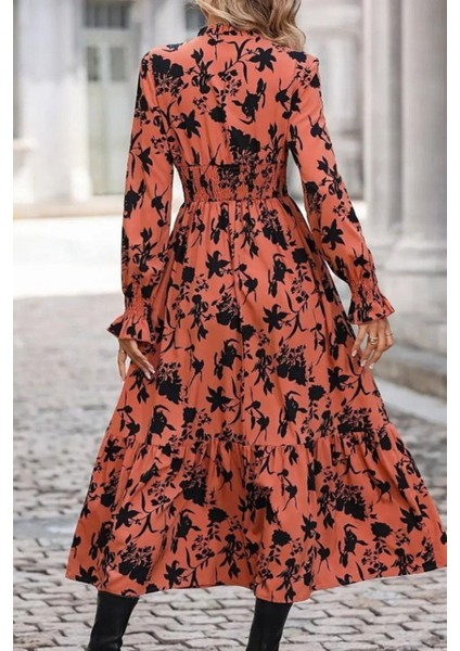 Çiçek Desenli Beli Büzgülü Uzun Süprem Elbise - Turuncu modelleri