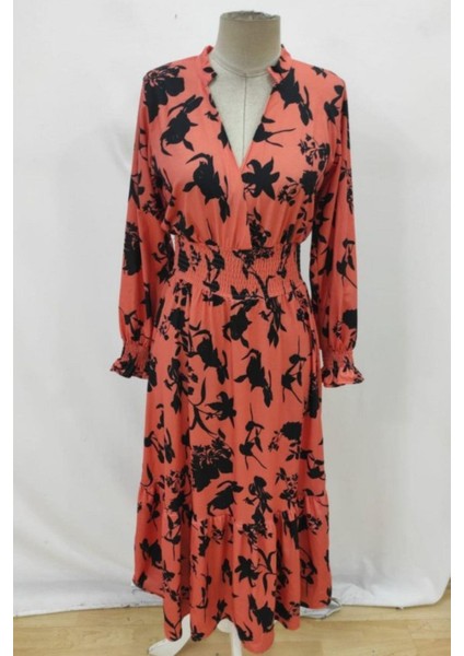 Çiçek Desenli Beli Büzgülü Uzun Süprem Elbise - Turuncu fırsatları