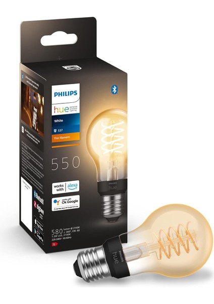 Hue E27 Filament A60 550 Lm, Sıcak Beyaz Işık, Kısılabilir, Uygulama Üzerinden Kontrol Edilebilir, Amazon Alexa (Echo, Echo Dot) ile Uyumlu fiyatları