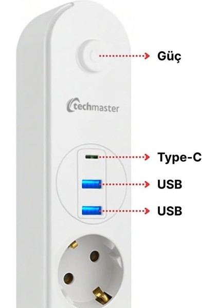 2 Usb+Type-C Akım Çocuk Korumalı 4lü Priz 2mt Beyaz