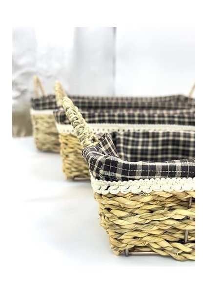 3&apos;lü Hasır Sepet Seti – Bezli Ekmek Sepeti, Dekoratif Doğal Hasır Saklama Sepeti, Mutfak ve Banyo Düzenleyici, Havlu ve Meyve Sepeti, Çok Amaçlı Hasır Sepet Takımı (Kulplu Dikdörtgen)