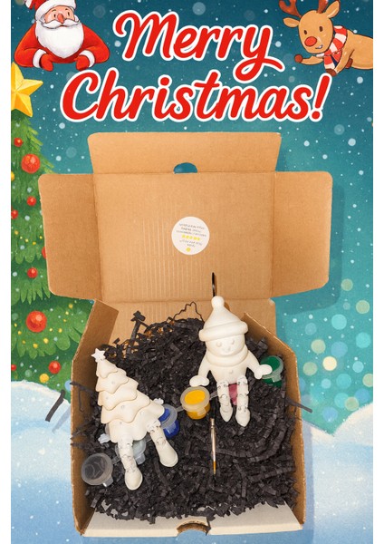 Yılbaşı Boyanabilir Figür Seti 2'li | Noel Ağacı + Kardan Adam + 6 Renk Boya modelleri