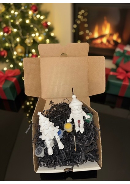 Yılbaşı Boyanabilir Figür Seti 2'li | Noel Ağacı + Kardan Adam + 6 Renk Boya