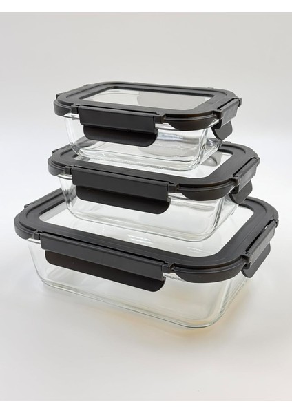 3&apos;lü Contalı Cam Saklama Kabı Seti – 370 Ml, 600 ml ve 1500 ml – Sızdırmaz Kilitli Kapak – Mikrodalga Fırın ve Bulaşık Makinesi Uyumlu – Gıda Saklama Kabı – Sağlıklı Bpa Içermez (Siyah)