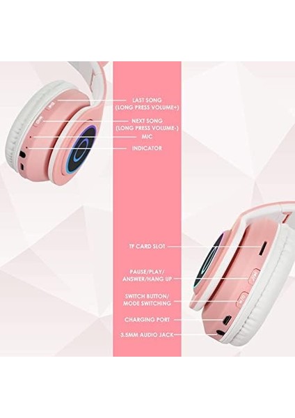 Bluetooth Kulaklık Kız Çocuk Kulak Üstü Kedi Kulaklığı Rgb LED Işık Katlanabilir Kablosuz Kulaklık Çocuklar ve Yetişkinler Için Mikrofonlu Dizüstü Bilgisayar / Pc / Tv (Pembe) fiyatları