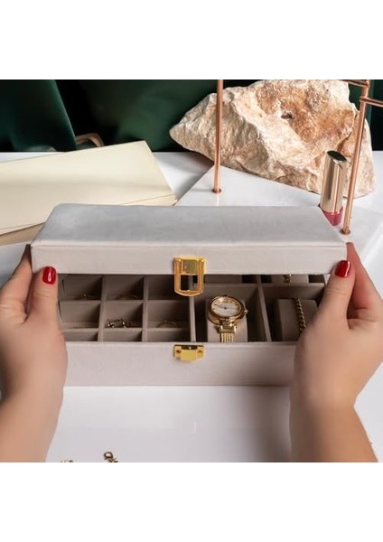 Bej Kadife Mücevher Organizer Takı Kutusu Düzenleyici | Aynalı, Bölmeli, Şık Takı Saklama Kutusu, Kadife Kaplama 25×16×7 cm modelleri