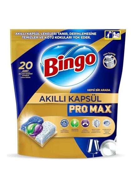 Bingo Akıllı Kapsül Pro Max Bulaşık Makinesi Deterjanı Tableti 20&apos;li