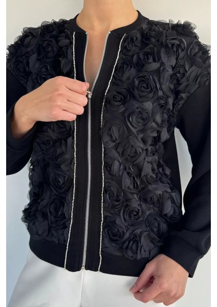 Kadın Ön Fermuarlı Gül Figürlü Taşlı Ceket P-00019297
