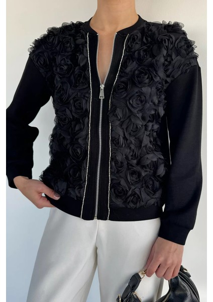 Kadın Ön Fermuarlı Gül Figürlü Taşlı Ceket P-00019297 fiyatları