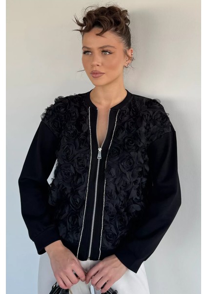 Kadın Ön Fermuarlı Gül Figürlü Taşlı Ceket P-00019297 modelleri