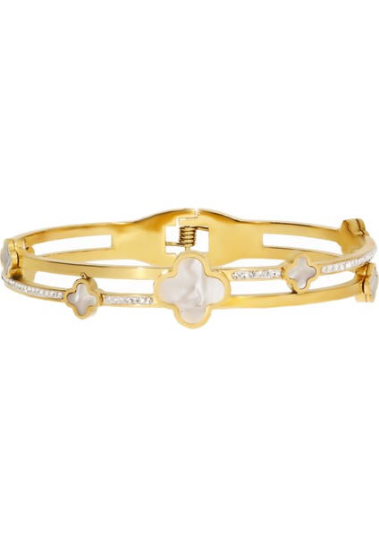 Kadın Beyaz Yonca ve Taş Model Çelik Bilezik