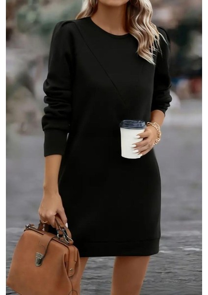 Uzun Kollu Bisiklet Yaka Iki Iplik Elbise Siyah