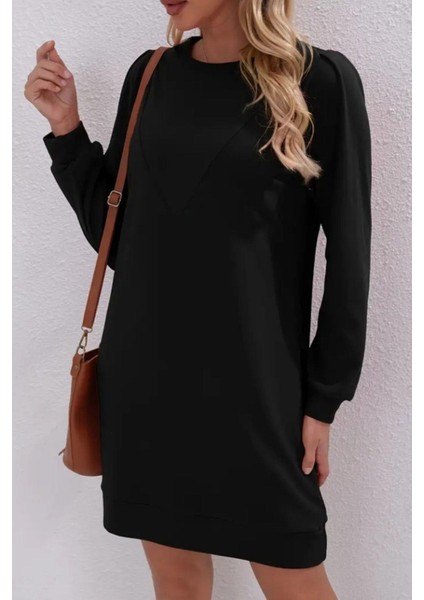 Uzun Kollu Bisiklet Yaka Iki Iplik Elbise Siyah modelleri