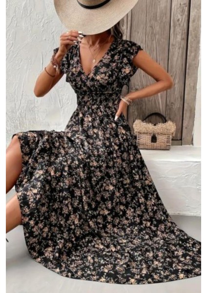 Kruvaze Yaka Beli Lastikli Çiçek Desenli Elbise - Siyah