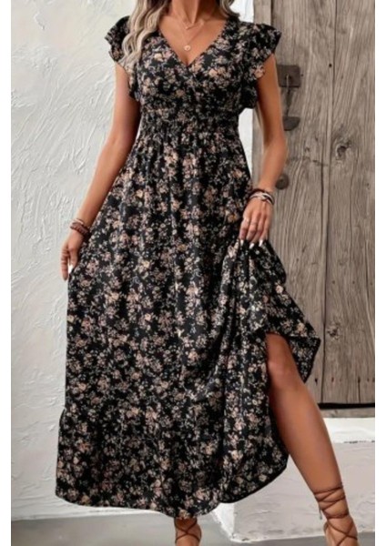 Kruvaze Yaka Beli Lastikli Çiçek Desenli Elbise - Siyah fiyatları